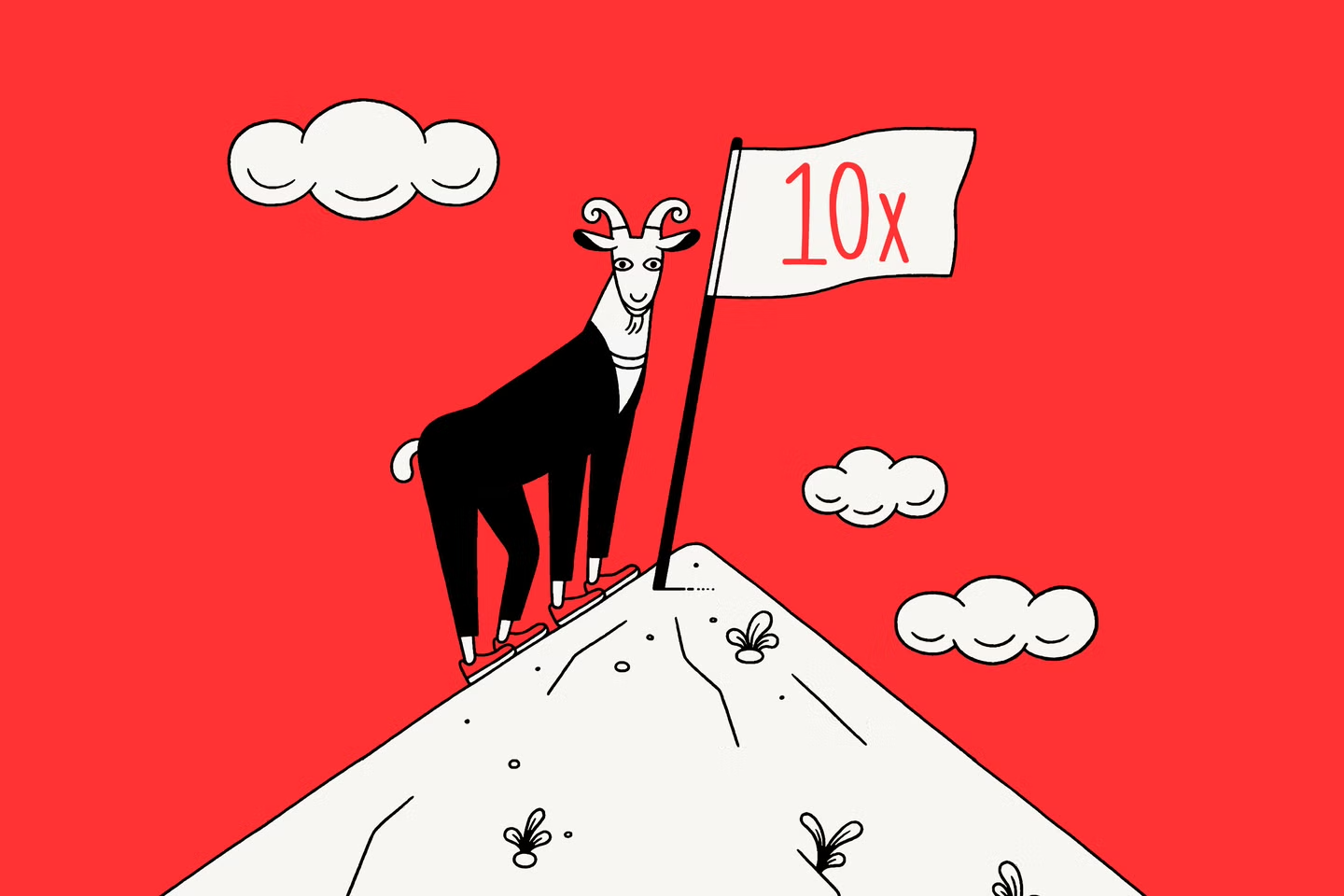 goat on a mountain with a flag showing 10x on the banner